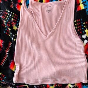Ribbed V-Neck Crop Tank Top in Light Pink